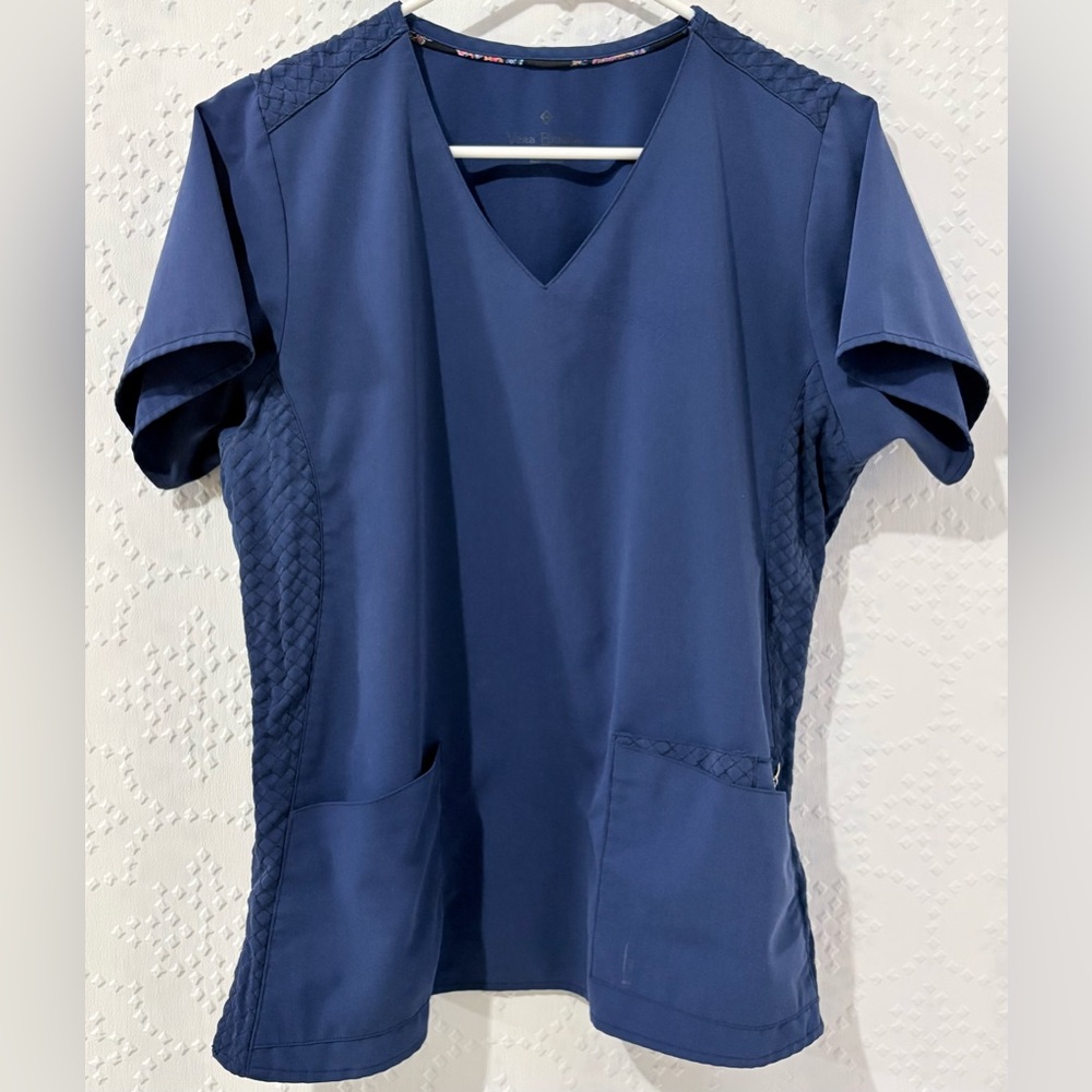 Vera Bradley Blue Performance Scrub Top Quilted Panels Pockets Womens Medium